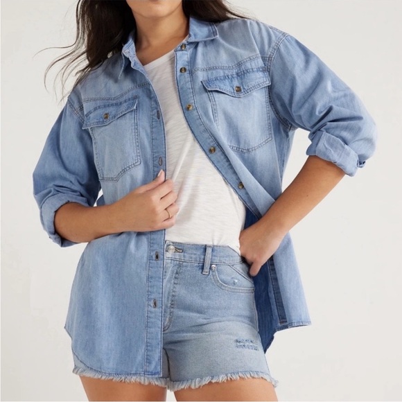 Tops - Womens button down denim
Boyfriend style Shirt with Long Sleeves